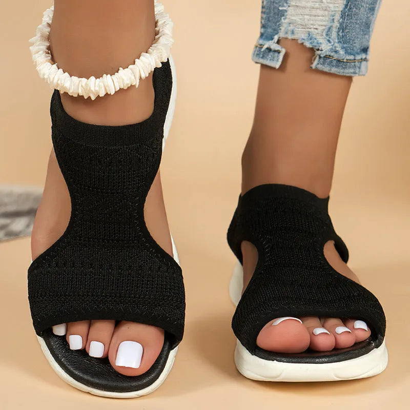 Women's flyknit sandals hollow peep-toe Roman shoes in grey with PU upper and breathable design