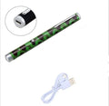 Green laser pointer pen with metal body in black, white, and camouflage colours showing 5mw output and 300m range.