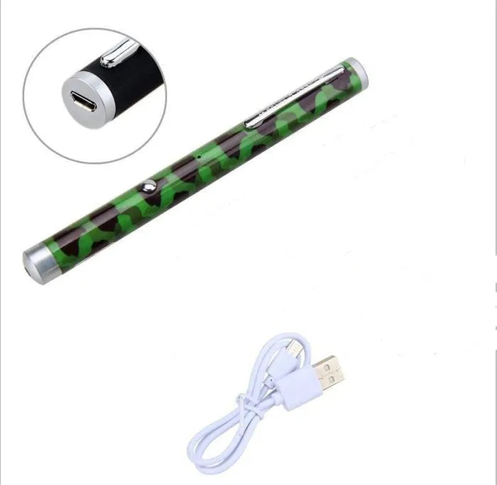 Green laser pointer pen with metal body in black, white, and camouflage colours showing 5mw output and 300m range.