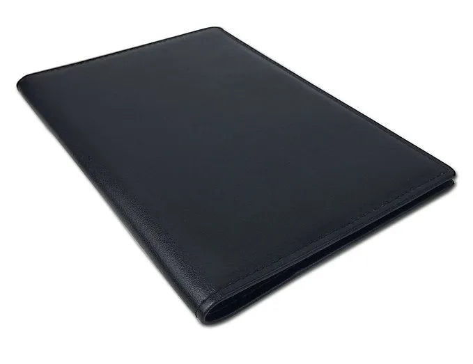 Black RFID antimagnetic passport holder made of genuine leather, open showing card slots and passport slot, 15cm long.