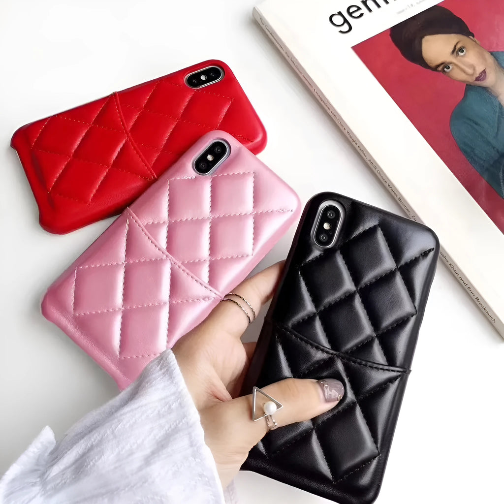Black leather phone case for iPhone XS Max on a table