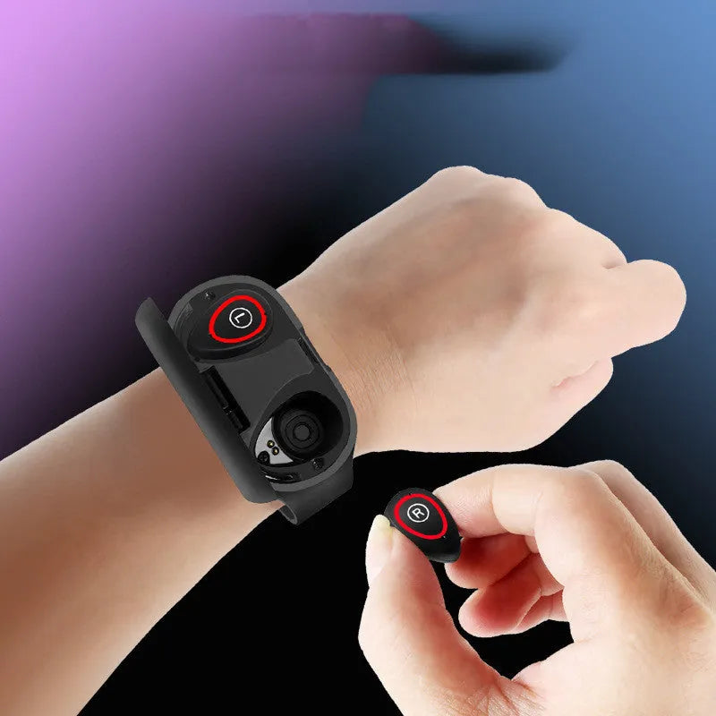 Blue silicone smart bracelet with integrated earphones and a 1-inch screen for fitness tracking