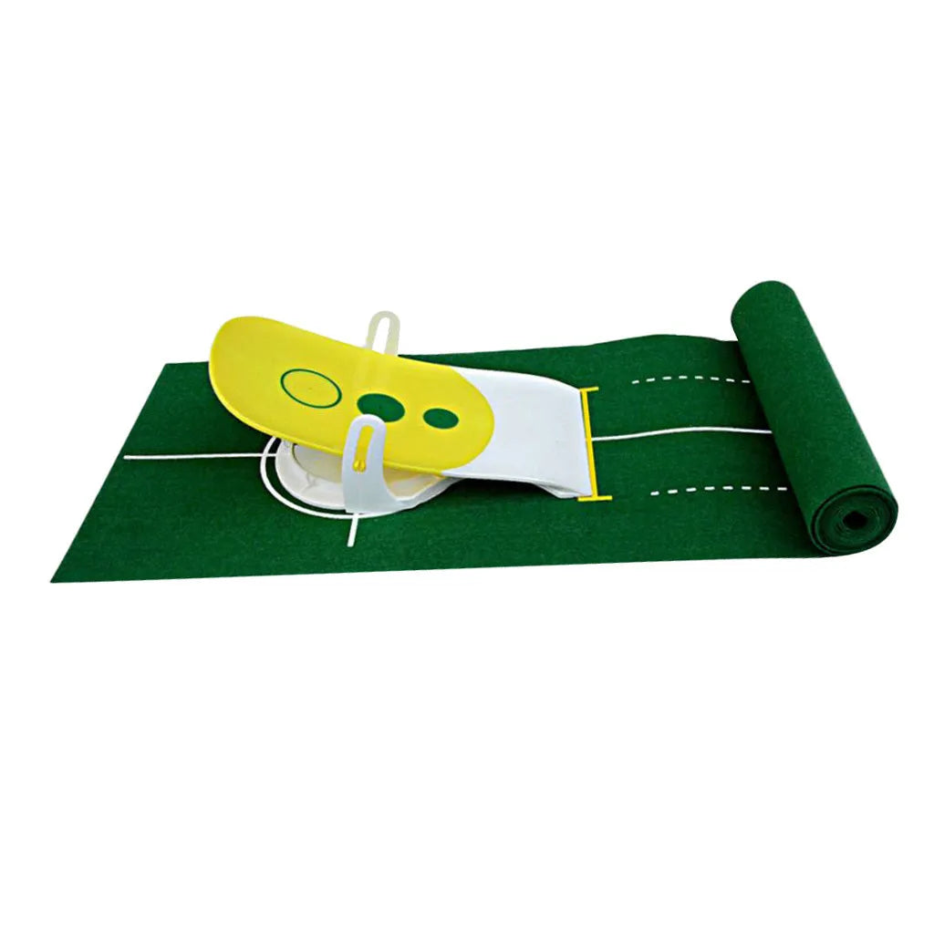 Precision putter exerciser with 230cm non-woven green putting mat and simulator unit on a living room floor