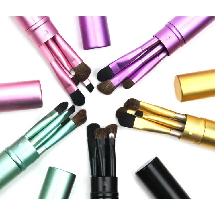 Soft synthetic fibre makeup brush available in black, gold, green, pink, and purple for professional, family, and travel use