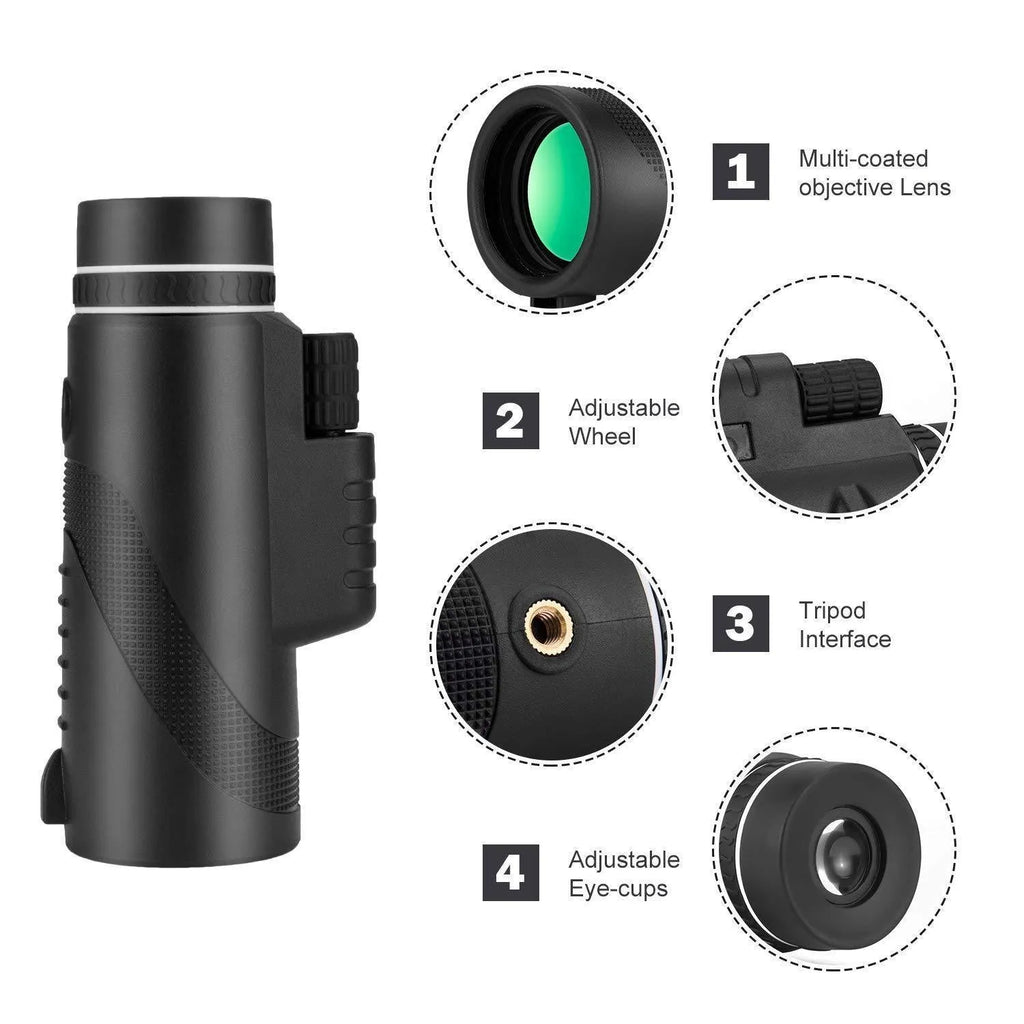 Black 40x60 monocular telescope with 144mm length, shown for birdwatching and outdoor use.