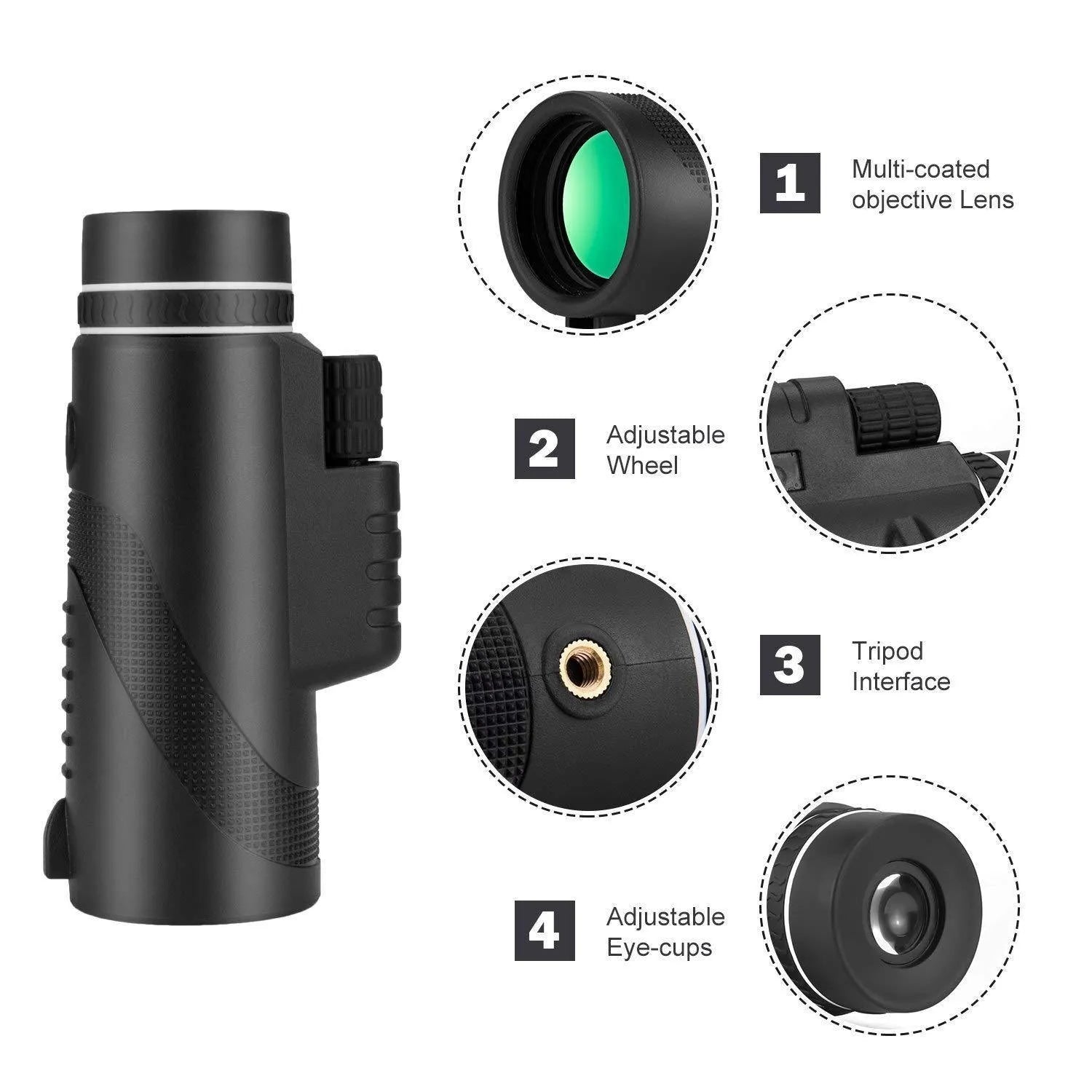 Black 40x60 cellphone telescope monocular with waterproof nitrogen construction and roof prism system