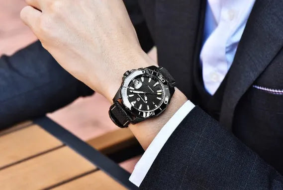 Men's mechanical watch PD-1617 with stainless steel bracelet and silver black dial