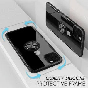 Black PU leather back cover case for an iPhone showing button and port access.