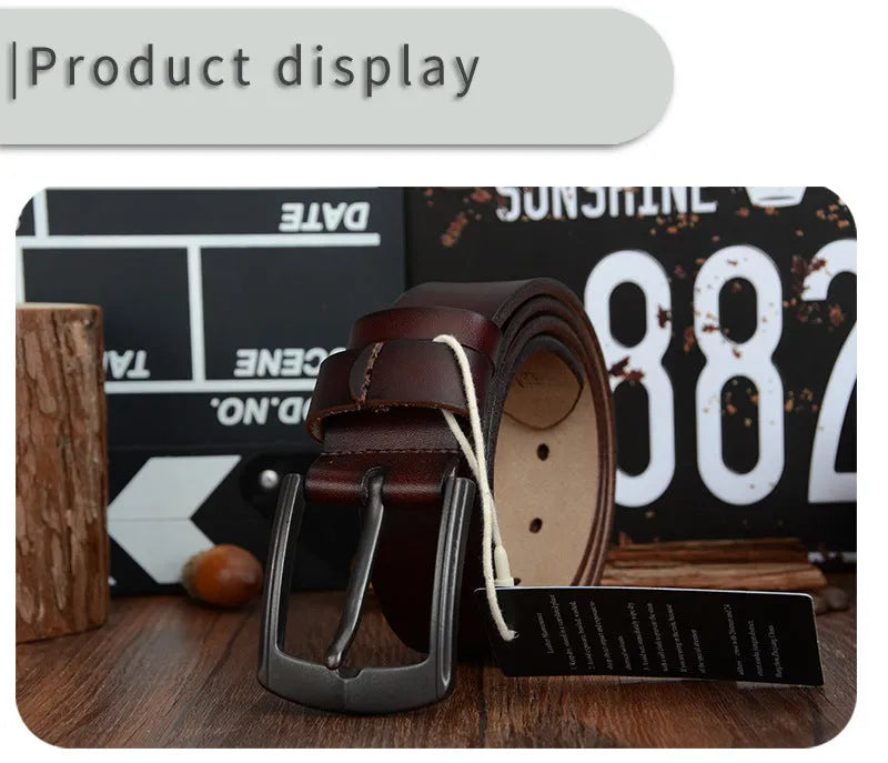 Men's two-layer cowhide leather belt with square alloy pin buckle in black finish