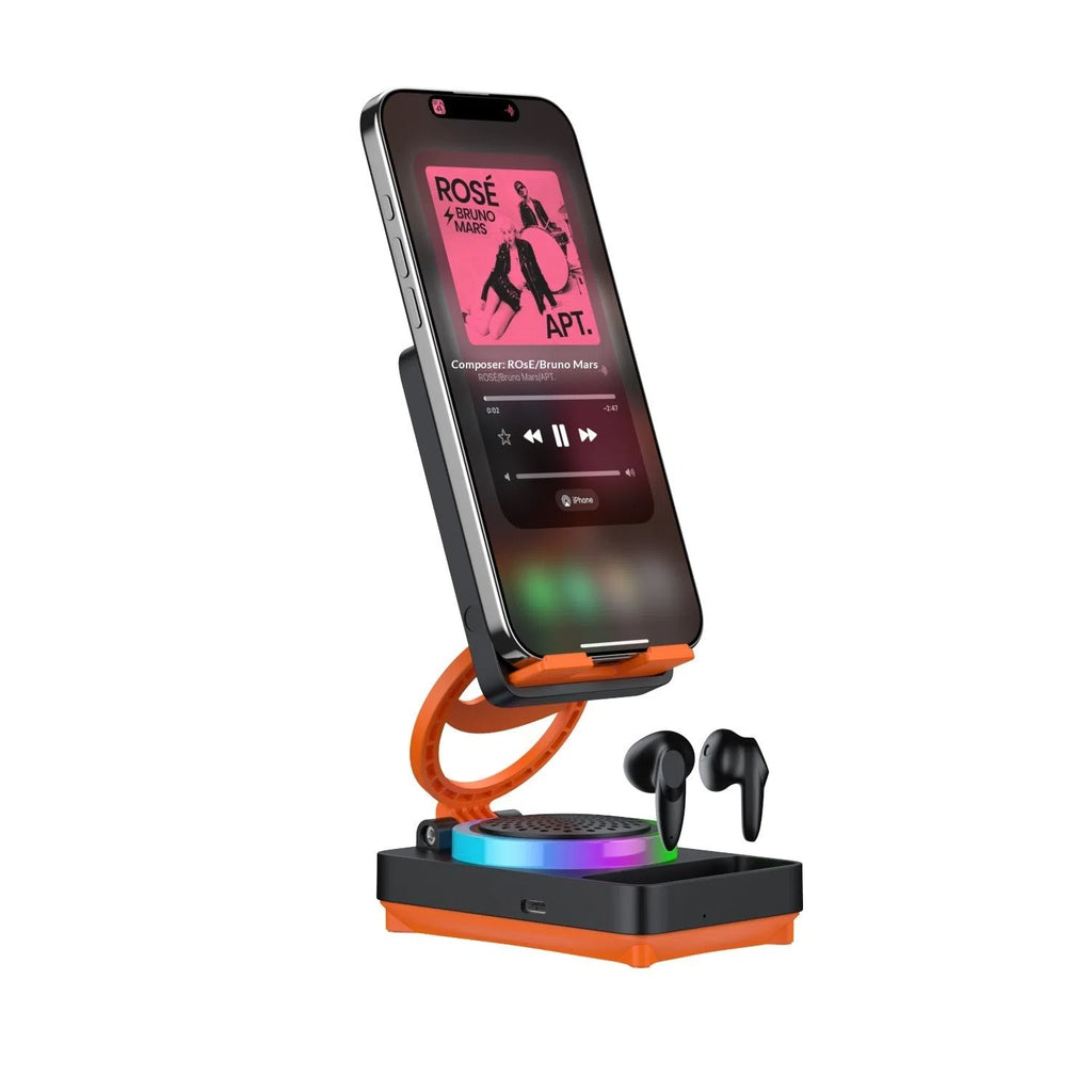 TF27BOX multifunctional mobile phone holder in black with built-in speaker on desk