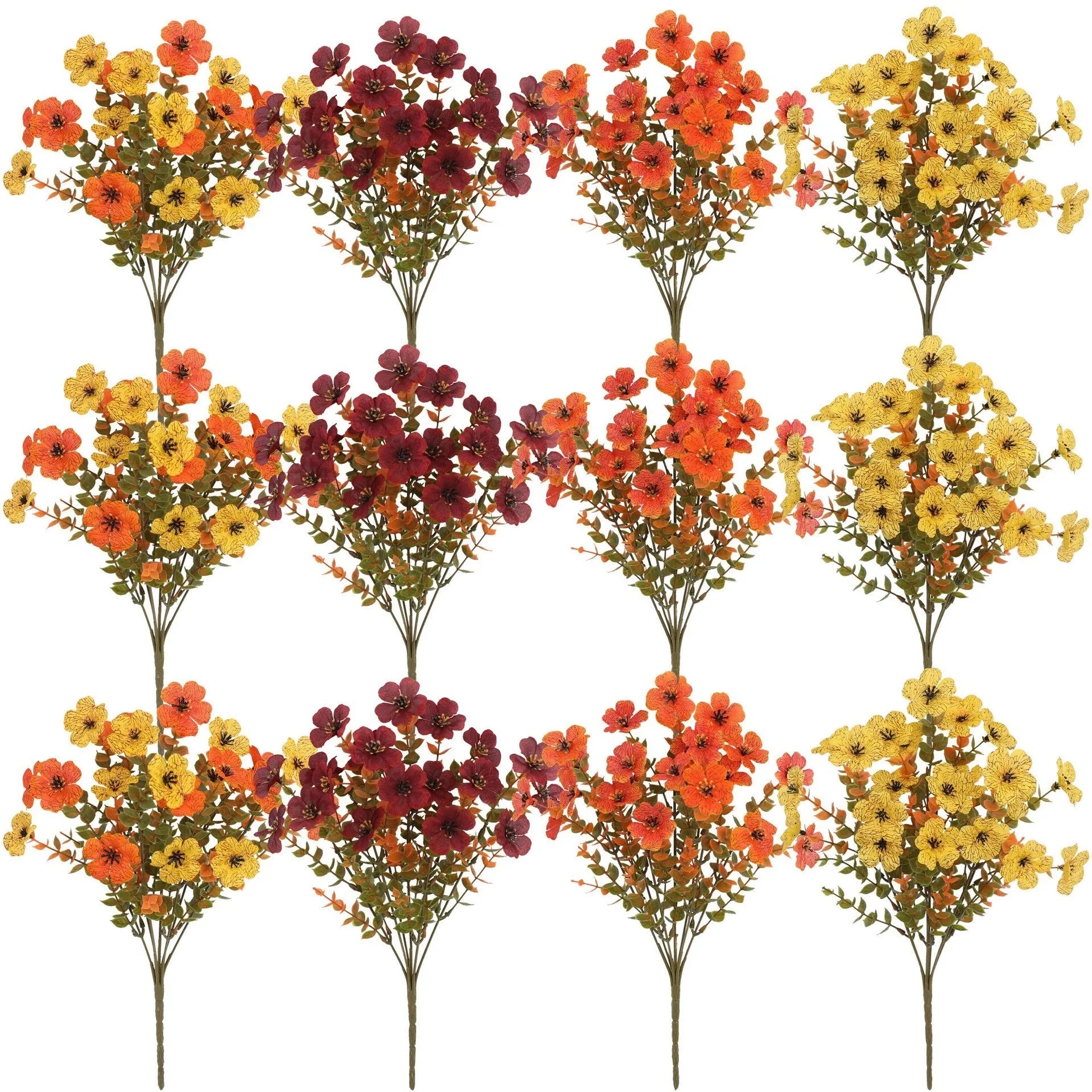 Artificial flower bouquet with autumn orange, red, and yellow silk flowers on plastic stems for decoration
