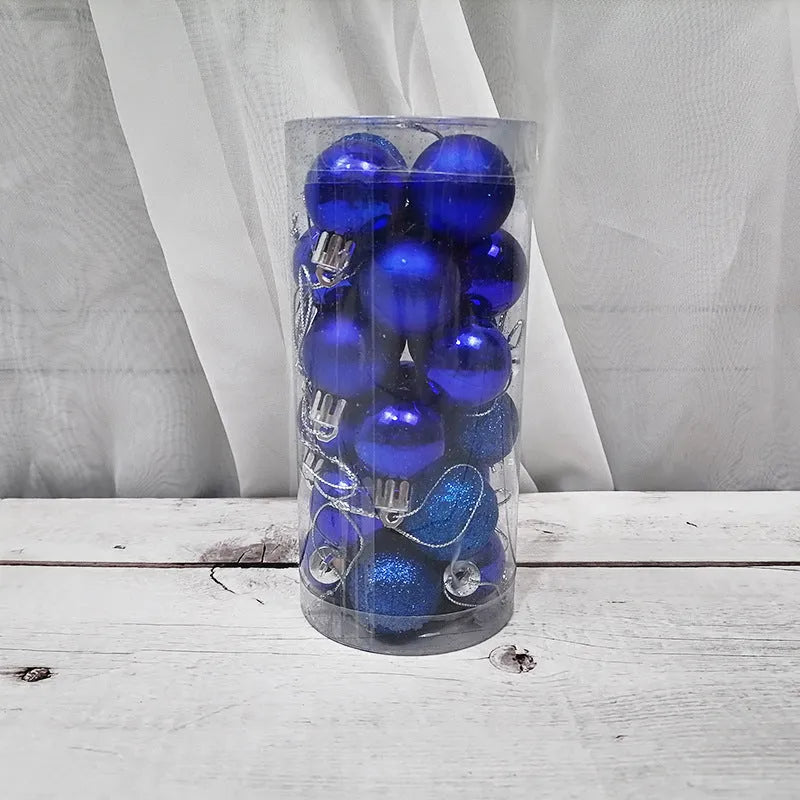 Assortment of 3cm diameter shiny and matte Christmas decoration balls in red, gold, blue, and silver colours.