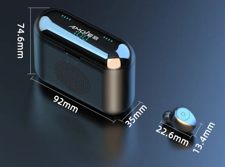 F9 5.0 wireless Bluetooth headset in black with charging case, featuring CVC8.0 noise reduction and 2000 mAh capacity