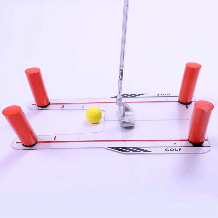 Red plastic putting practice mirror for golf alignment training, compact size