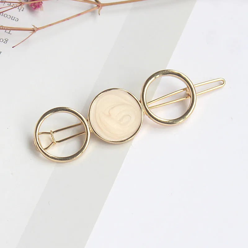 Round metal hairpin with opal crystal in silver plating, 7cm, beige colour, geometric shape