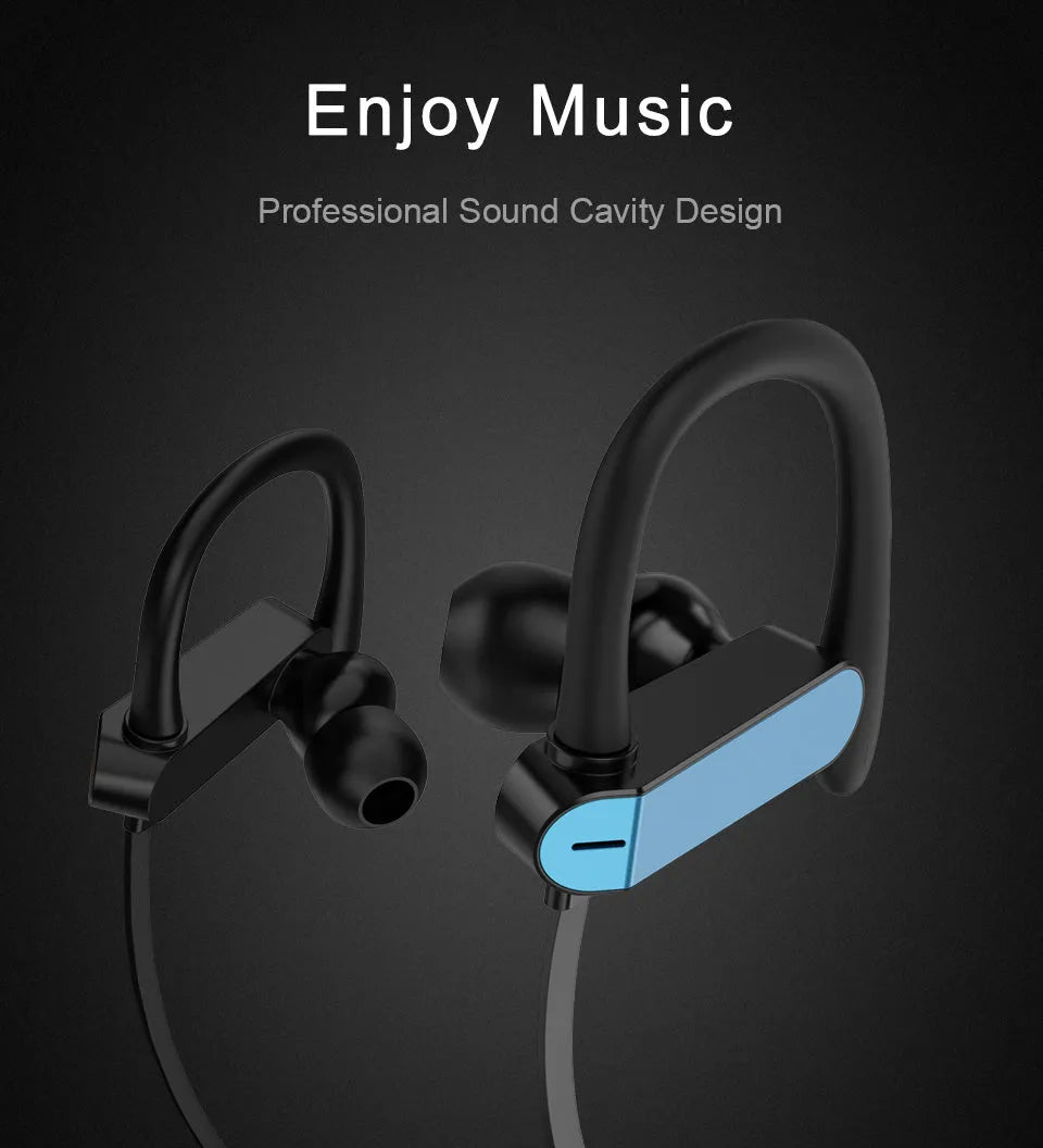 Sport ear hook headphones with microphone in black blue colour, showing the flexible ear hook and silicone earbud design.