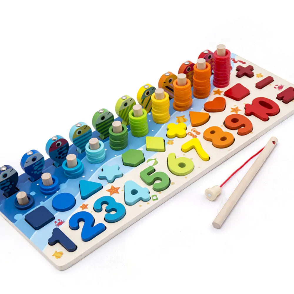 Wooden 3D alphabet and number puzzle board with colourful geometric pieces for toddlers.