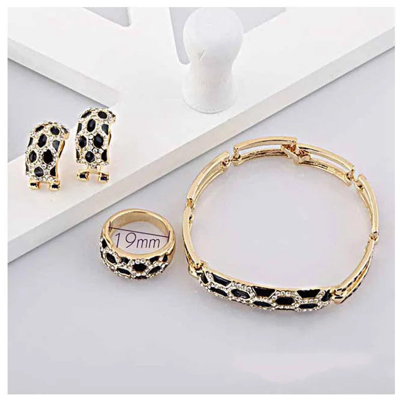 Costume jewellery set for women with 18K electroplated alloy, drop oil detail, and water drill accents in black, purple, or white.
