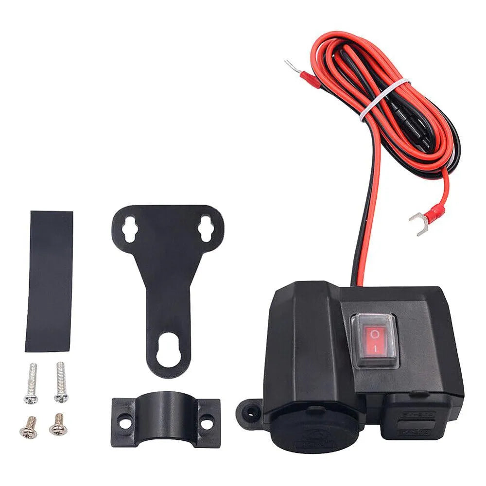 Black motorcycle USB waterproof charger with voltmeter and dual ports for handlebar or rearview mirror mounting