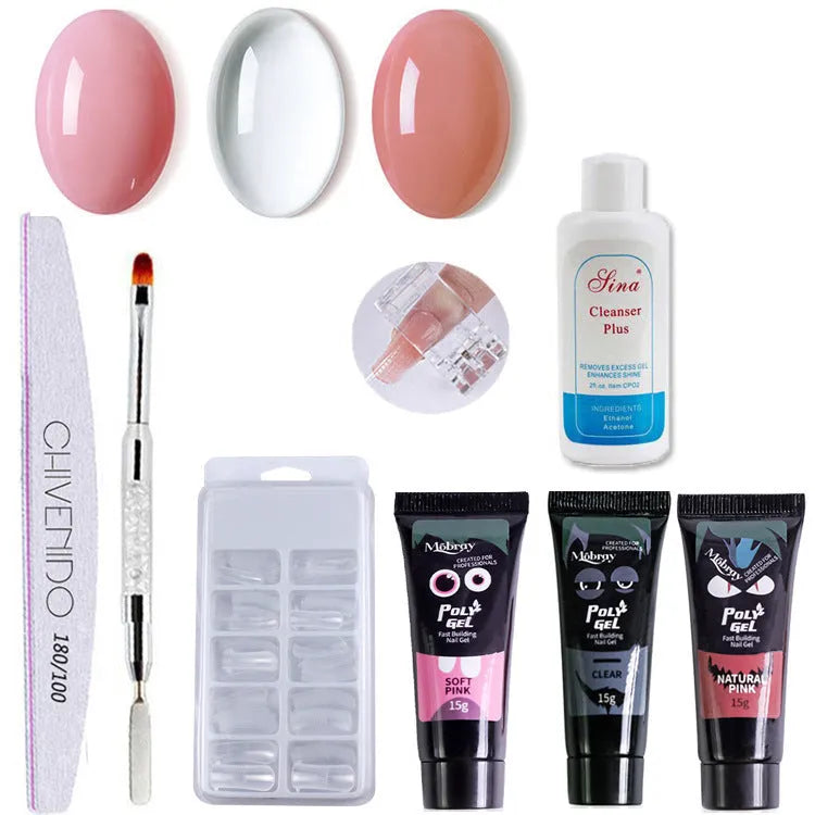 Nail crystal extender set with gel material, 18.5cm tools, 30ml cleaner, 3 polishes, brush, file, clamp, rinse, and box of 100 nails
