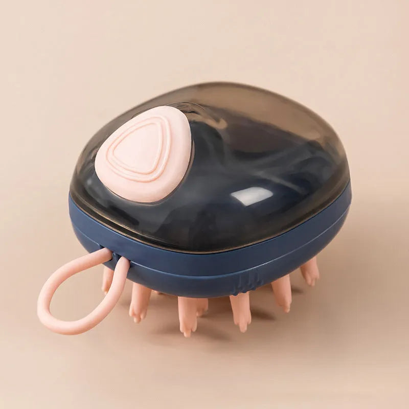 Blue pet bath brush and shampoo dispenser with soft silicone bristles and a hang hole