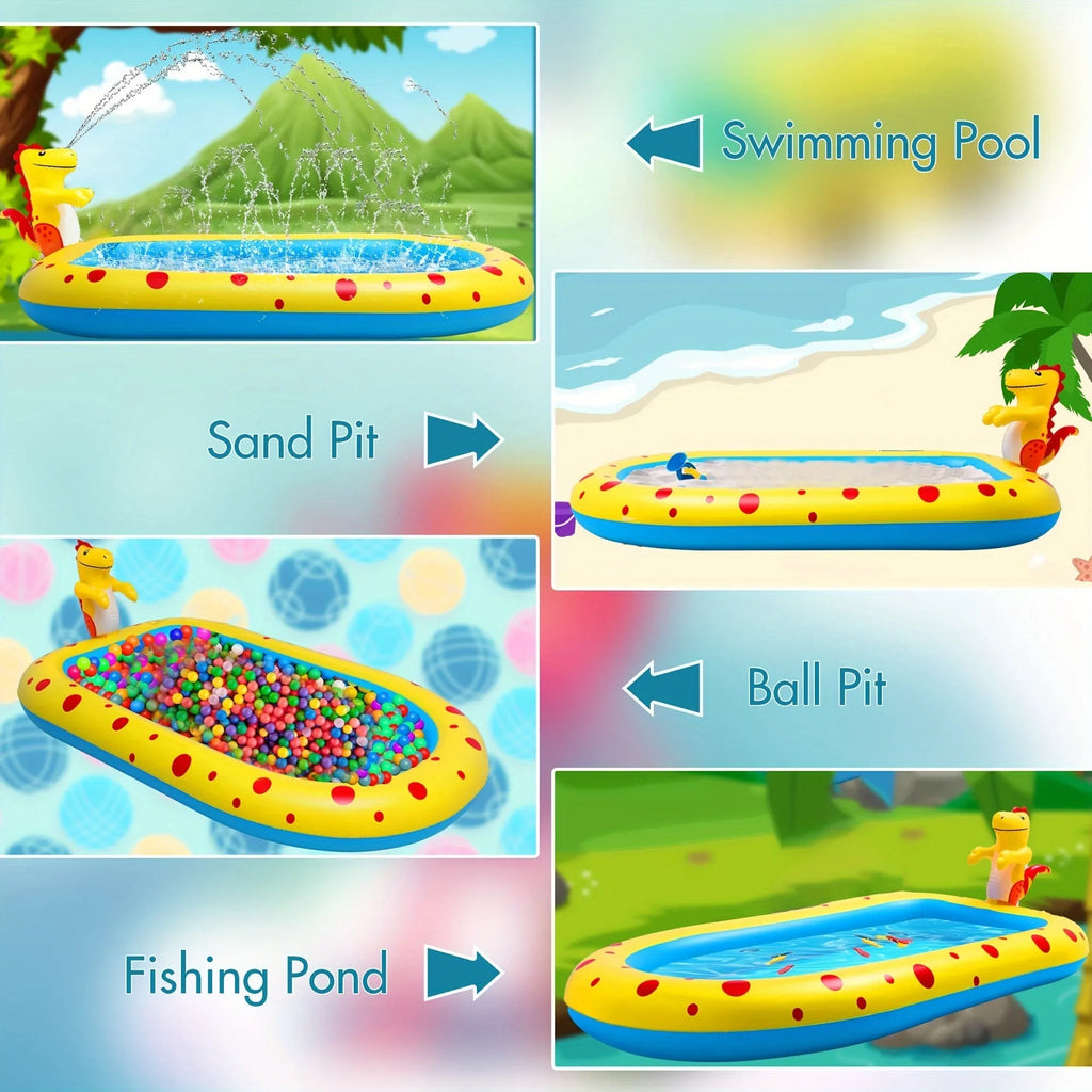 Blue dinosaur and shark themed water spray pool for kids outdoor play measuring 170cm long