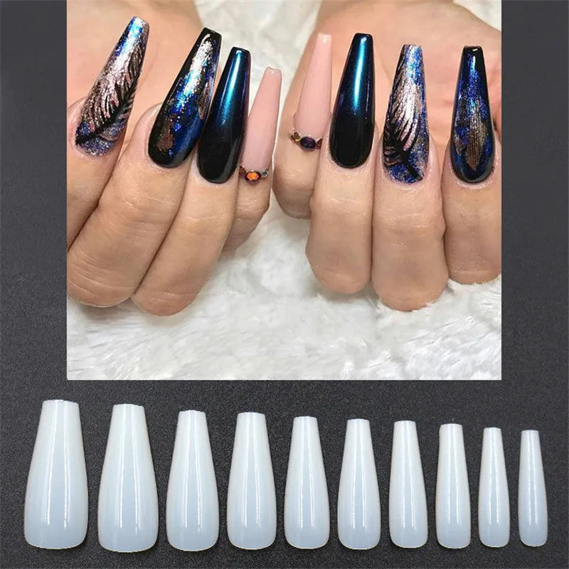 500 clear and natural ballet false nails in a bag showing various sizes of ABS plastic tips