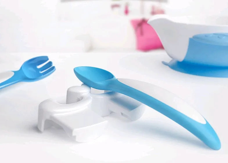 Baby tableware set with polymer antibacterial material, six pieces including bowl, in blue colour option