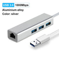 USB to Ethernet adapter with 3-port USB hub and RJ-45 LAN port in grey plastic casing
