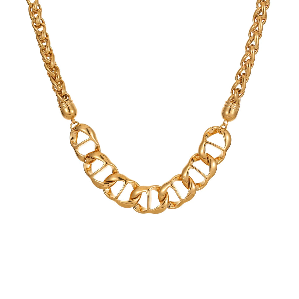 Stainless steel geometric chain necklace with 18K gold plating in gold or steel colour options