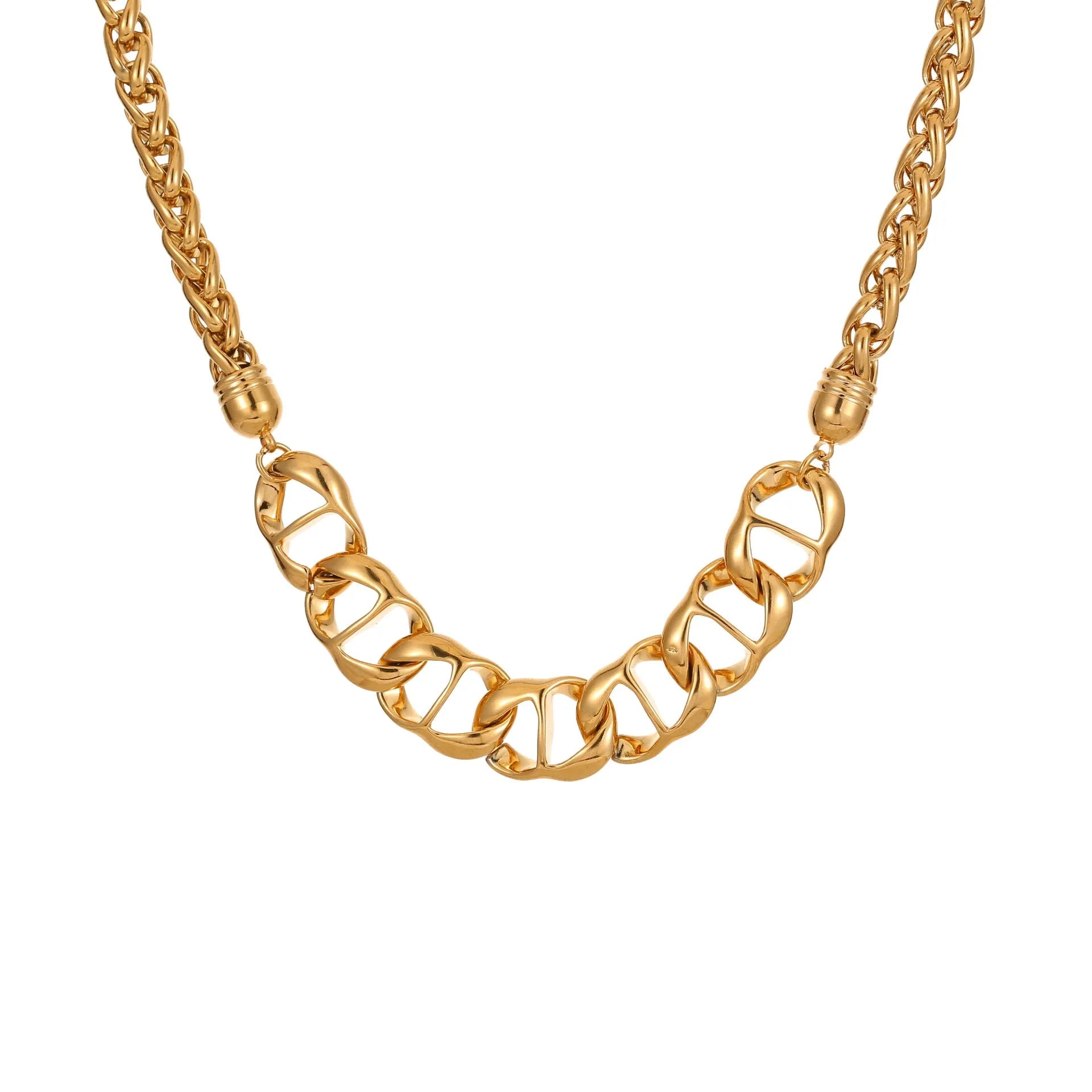 Stainless steel geometric chain necklace with 18K gold plating in gold or steel colour options