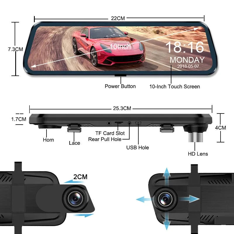 10-inch full screen car dash camera with front and rear lenses on a touch screen display.