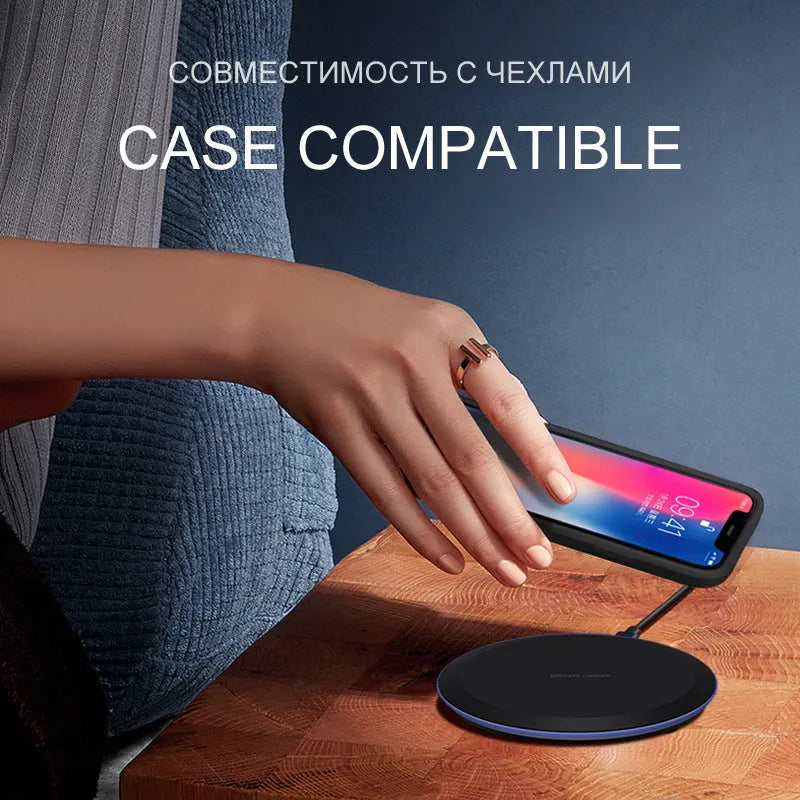 Black 10W 5W wireless charger pad with ABS PC body and Micro USB cable