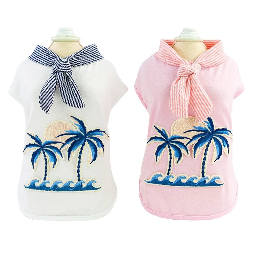 Cotton pet clothing with coconut tree embroidery in pink, casual dog coat for small to large breeds
