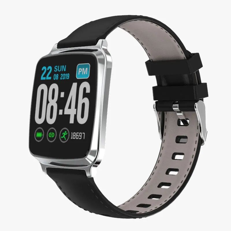 M8 smart fitness bracelet in black with zinc alloy body and TPU strap on a wrist, displaying heart rate data.
