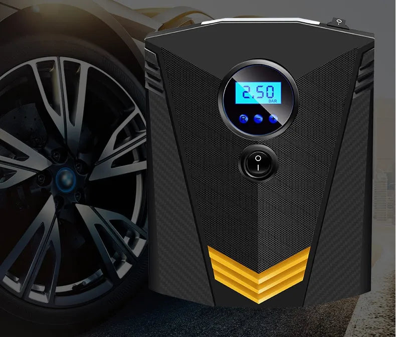 Black 12V electric tyre inflator with digital display, tyre pressure gauge and lighting