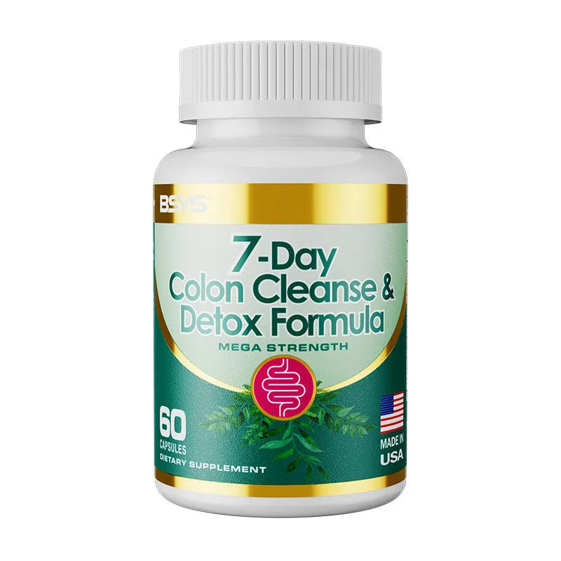 Bottle of 7-Day Colon Cleanse & Detox Formula capsules, dietary supplement for a 7-day cleansing routine