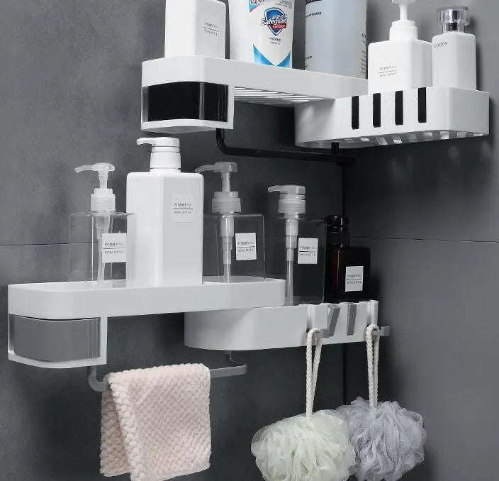 White and black corner shelf with adhesive wall mounts for bathroom or kitchen storage