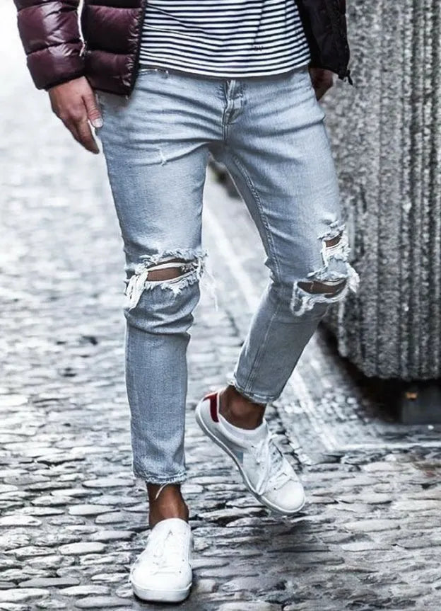 New Ripped Skinny Jeans for mens streetwear blue cotton denim distressed fit