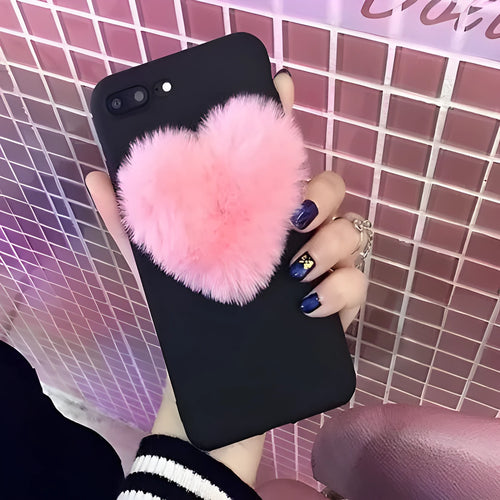 3D furry love hearts PU phone case for iPhone in Pink, back cover with textured hearts design