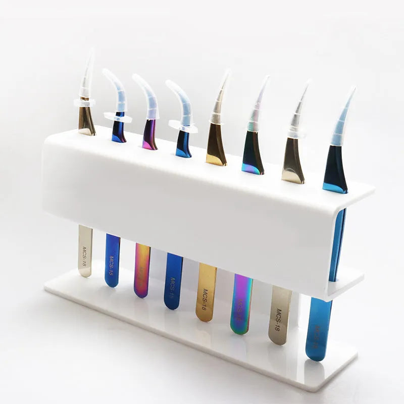 Acrylic tweezers display stand storage rack in black finish with tweezers inserted