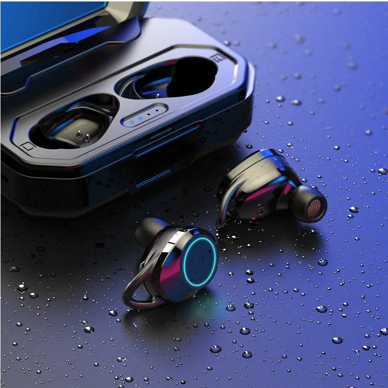 Black wireless Bluetooth 5.0 in-ear earbuds with ear hooks and charging case for iPhone and Android.