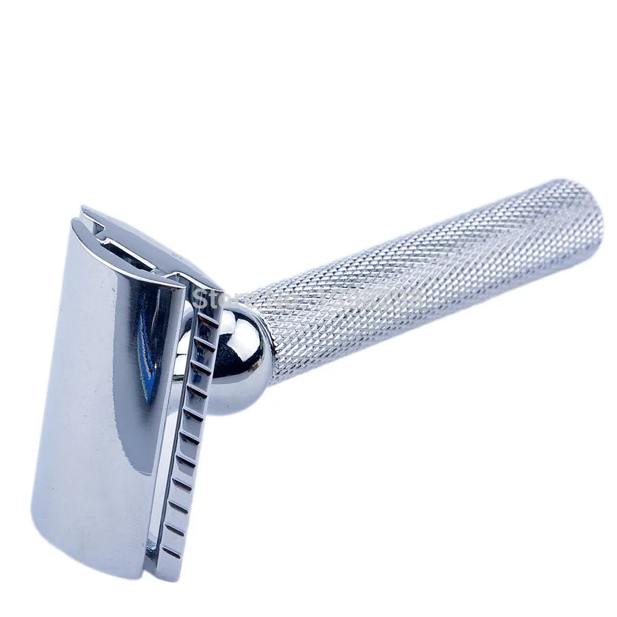CSB shaving set with chrome safety razor, badger hair brush on stand, zinc soap bowl, blades and black box.