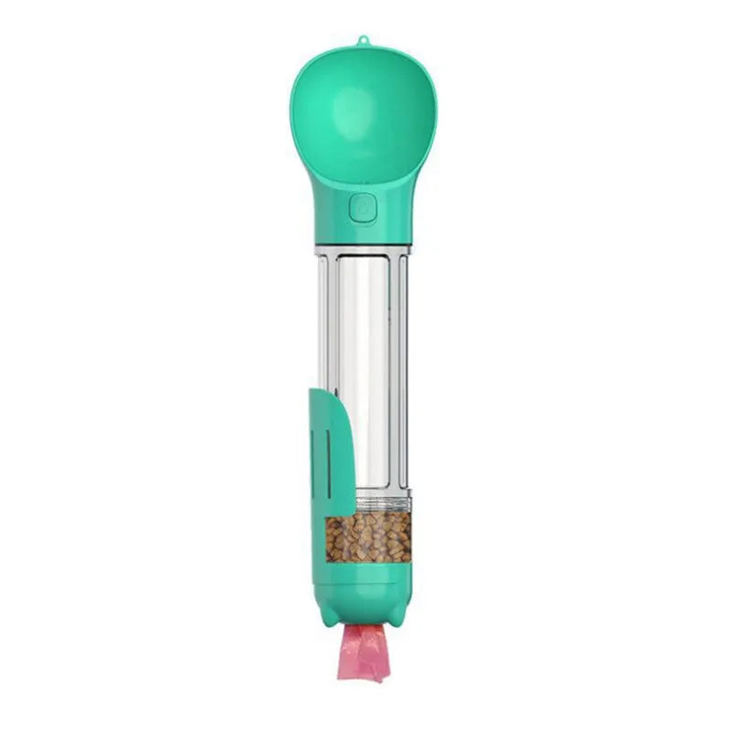 Pet multi-functional water bottle 300ml 500ml with food box, garbage bag, and side shovel in yellow, pink, blue, and green