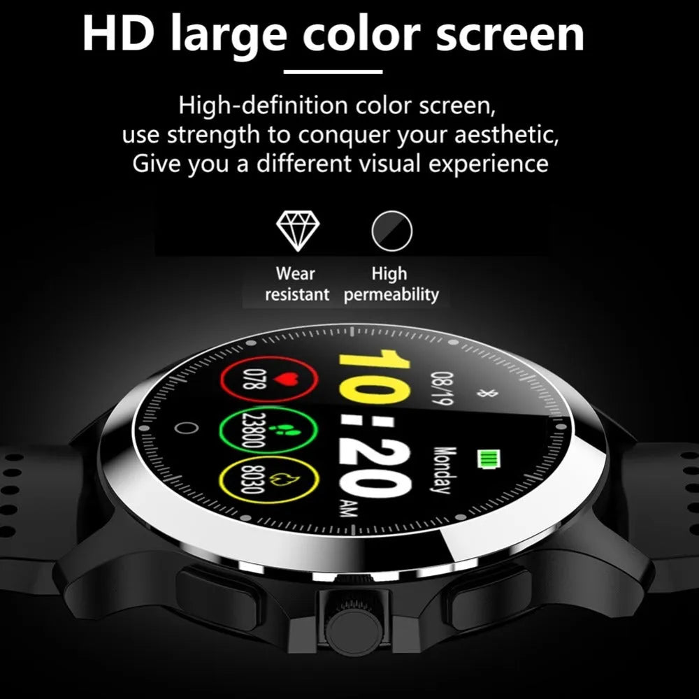 W8 ECG smart health monitoring bracelet with stainless steel body and black TPU strap on a wrist.