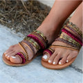 Red bohemian flower fish mouth flat sandals for women in artificial PU leather