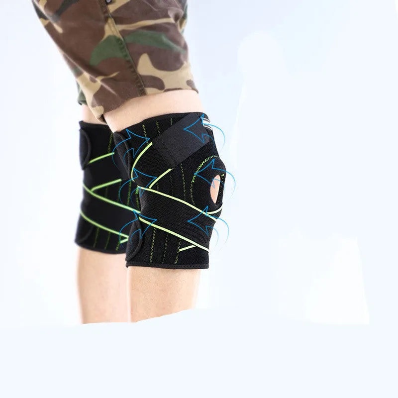 Outdoor sports compression knee pad made of OK cloth and Lycra with metal springs and magic buckle in black