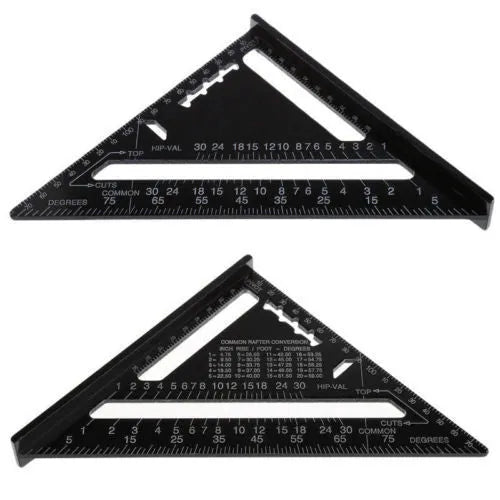 Black aluminium alloy triangle square ruler showing 90-degree and 45-degree angles with metric graduations