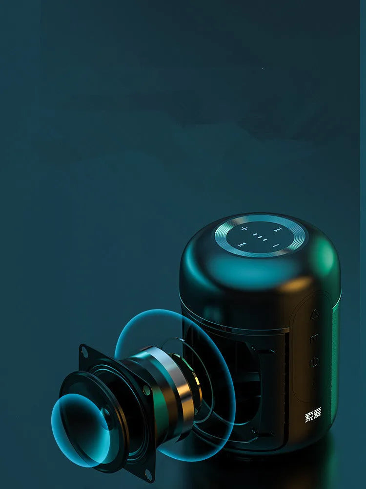 Black portable Bluetooth speaker with 30W output, 1500mAh battery, measuring 72mm by 99mm