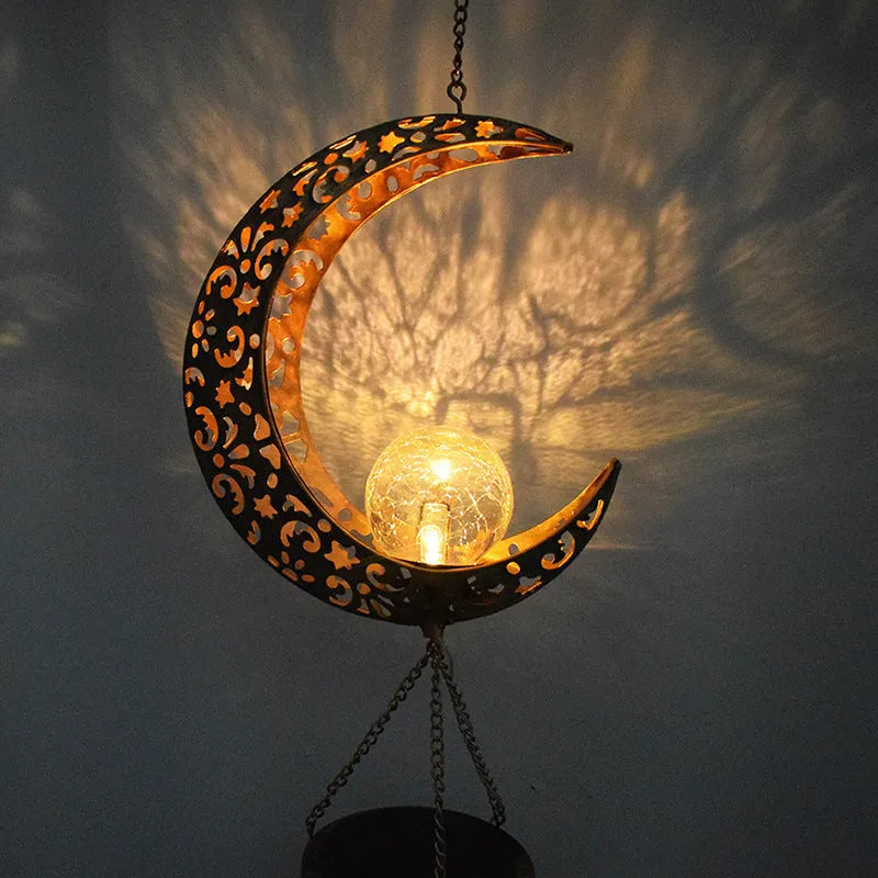 Wrought iron and glass solar wind chime pendant with warm white LED, Moon Star or Sun style, 18x11x104cm